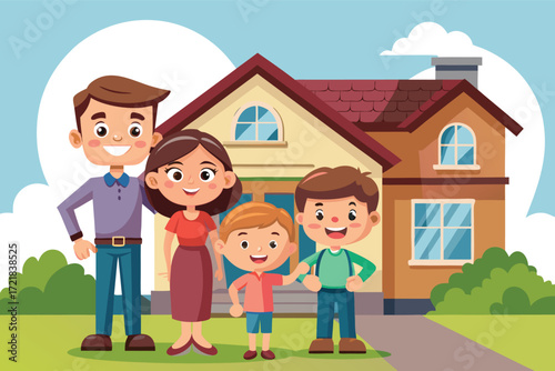Family enjoying time together outside their home in a cheerful, cartoon-style setting