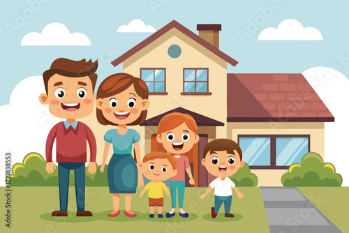 Happy family stands together outside their home on a sunny day in a friendly neighborhood
