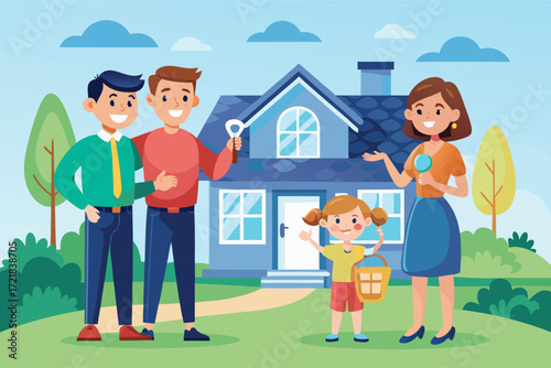 Family celebrating new home ownership with children and friends outside their house