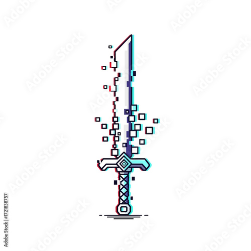 Glowing sword with magical particles and a white background.