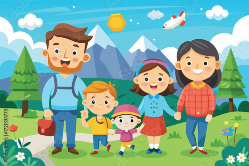 Happy family enjoying a sunny day in the mountains with flowers and trees surrounding them