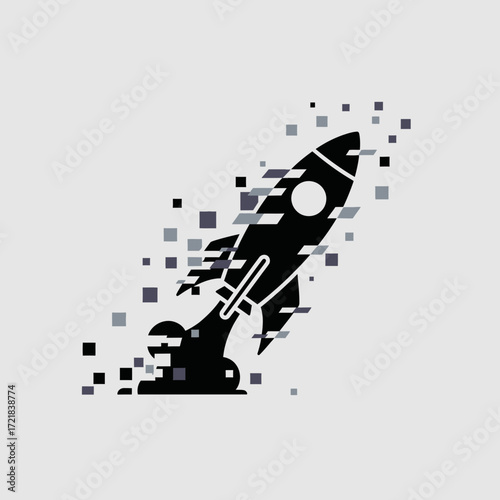 Black rocket ship breaking apart into digital pixels in space.