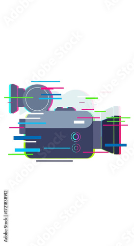 Two glitching video cameras on a white background.