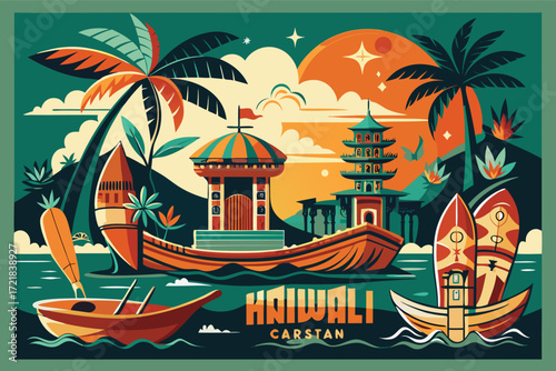 Colorful tropical landscape featuring boats and palm trees at sunset in a vibrant art style