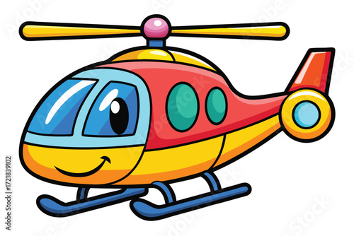 Colorful cartoon helicopter flying through a clear blue sky, perfect for kids and aviation lovers