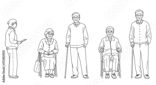Eldery people line cad art. Vector illustration of senior men and women standing walking talking sitting in front back and side view. Symbol for architecture and landscape design drawing.