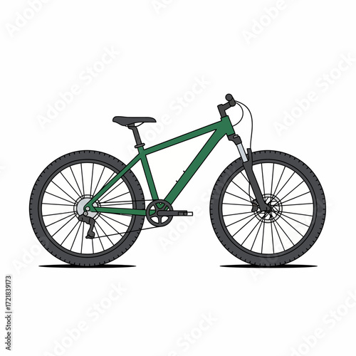 A modern green mountain bike with front suspension and disc brakes, isolated on a clean white background.