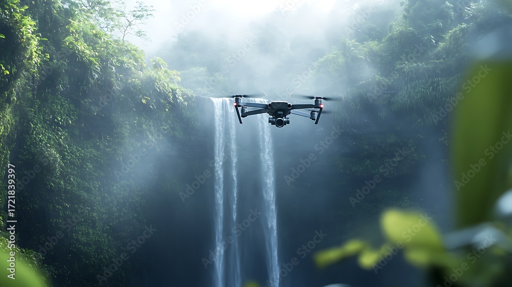 Fototapeta premium Drone hovering near waterfall with mist and greenery around on a sunny day