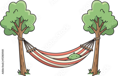 Cartoon hammock between trees, peaceful summer scene, relaxing illustration.