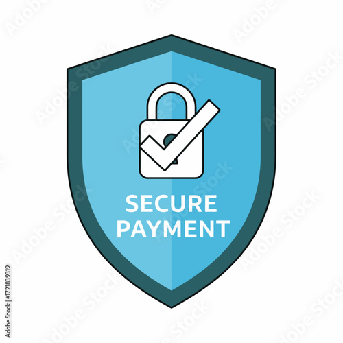 A secure payment shield icon with a padlock and checkmark, representing safe and protected online transactions and data privacy.
