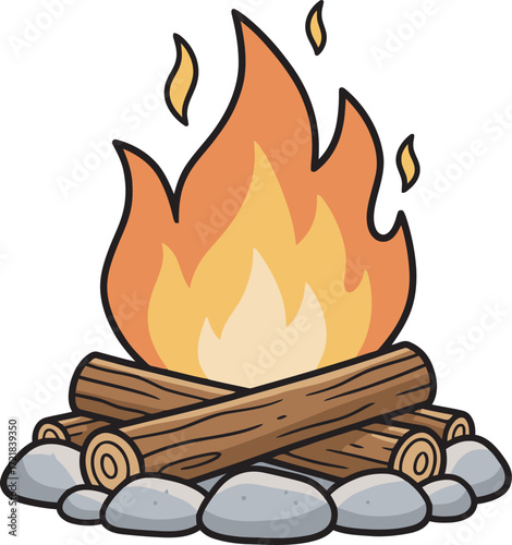 Campfire with blazing flames atop crossed logs and surrounded by stones.