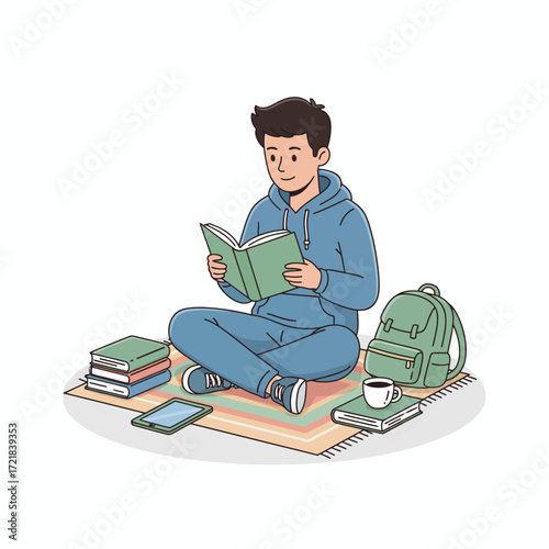 A young man in a hoodie relaxing on a mat while reading, surrounded by books, a tablet, and a backpack.