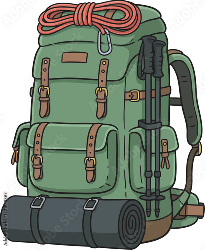 A detailed illustration of a green hiking backpack, complete with hiking poles and rope.