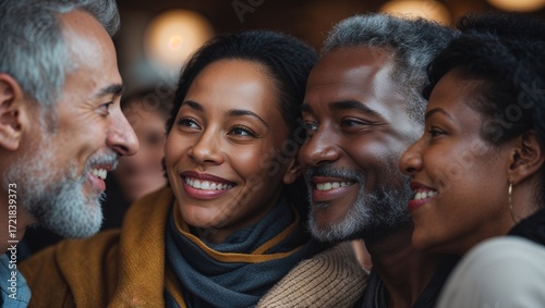 a group of people are smiling and looking at each other people, wide angle