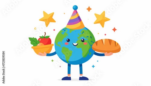 Happy Earth holding a festive birthday hat and a bowl of fruit and bread, celebrating its birthday with stars