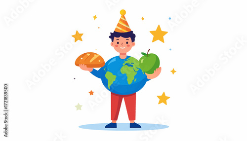 Joyful Earth Day Celebration A Child's Festive Gesture with Bread, Apple, and Planet Earth