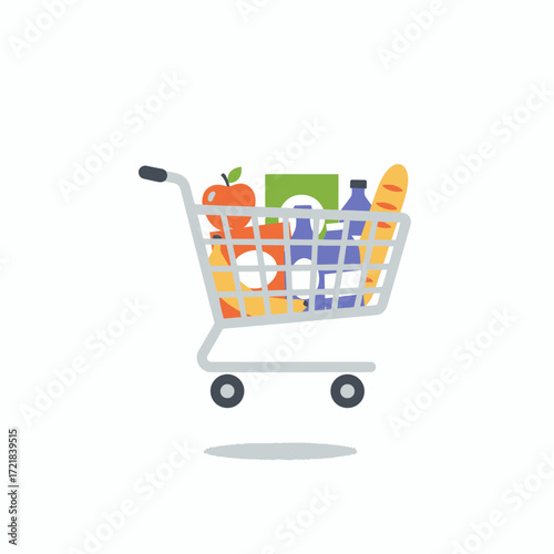A shopping cart full of colorful groceries, including fruit, bread, and drinks, representing grocery shopping or e-commerce.