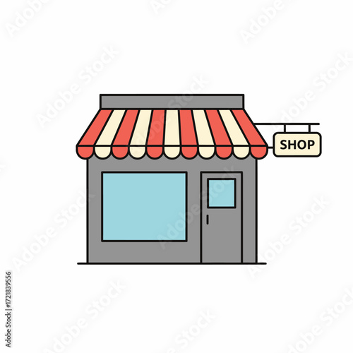A simple and clean illustration of a storefront with a red and white striped awning and a "SHOP" sign.