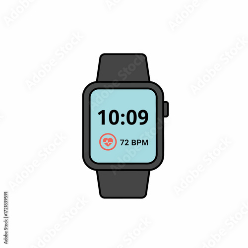A modern smartwatch displaying the time and a heart rate of 72 BPM, representing fitness and wearable technology.