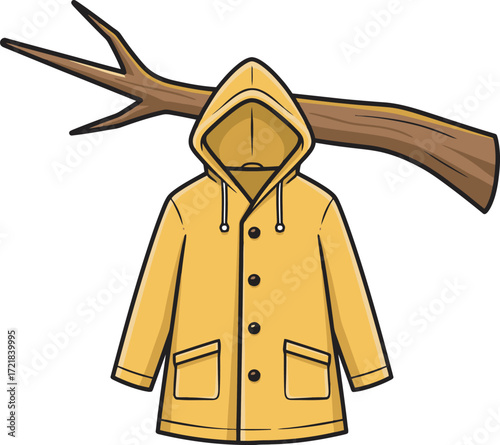Yellow raincoat hanging with a branch resting on the hood.