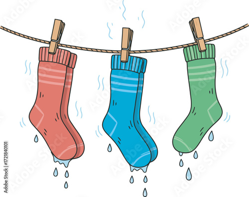 Three pairs of wet socks hanging on a clothesline, dripping with water, suggesting drying.