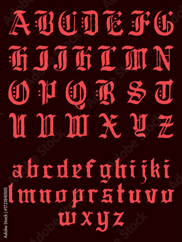 A roughened vector alphabet set, in both uppercase and lowercase, inspired by gothic manuscript lettering.