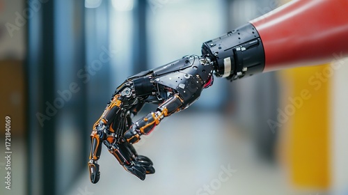 Robotic prosthetic arm with integrated sensors, person interacting with objects, natural movement, advanced bionics. 