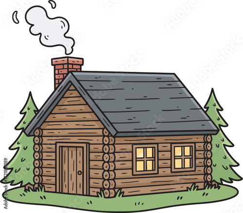 A cozy cartoon cabin with smoke rising from the chimney, nestled among trees.