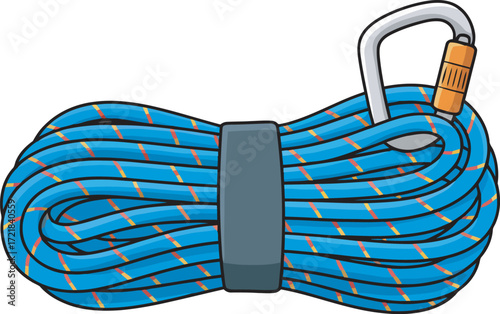 A coiled climbing rope secured with a carabiner, ready for adventure.