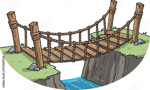 Cartoon illustration of a wooden rope bridge spanning a gap over a small blue river.