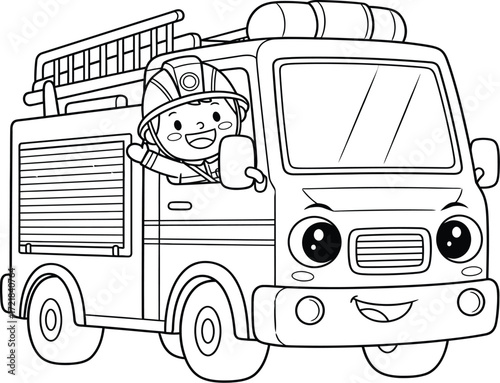 Cute Cartoon Firefighter Driving a Fire Truck - Black and White Line Art for Coloring Book