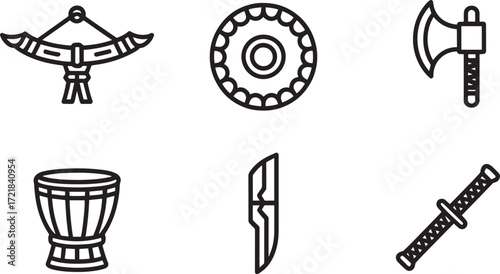 Cultural Weapons Line Icons Set Vector Art. Traditional Weapons Theme Design