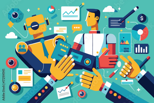 Robots and humans collaborate in a modern workspace to solve problems and exchange ideas about technology