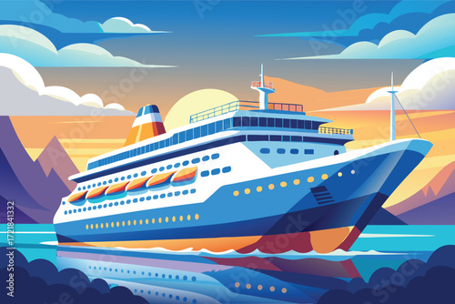 Bright cruise ship sailing at sunset near mountain landscape with colorful sky