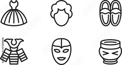 Japanese Costume Icon Collection Dress, Wig, Slippers, Armor And Mask Vector Design