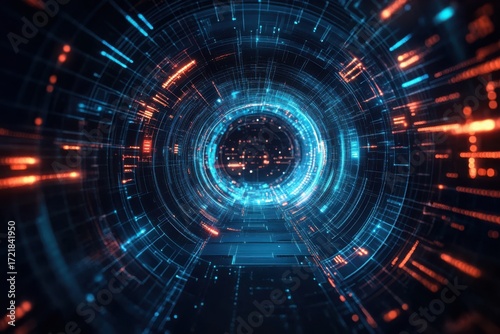 Digital tunnel with glowing blue and orange circuits data streams and geometric patterns abstract background