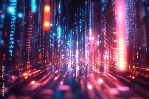 Neon digital cityscape with glowing data streams and abstract light trails background blue