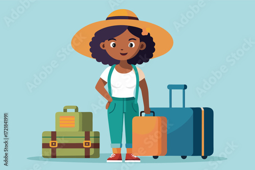 Young girl preparing for a trip with colorful luggage and a big sun hat in a cheerful setting