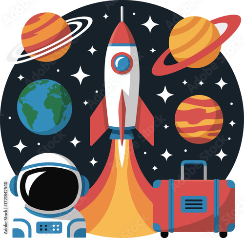 Astronaut flying near space shuttle launch with rockets and planets cartoon illustration