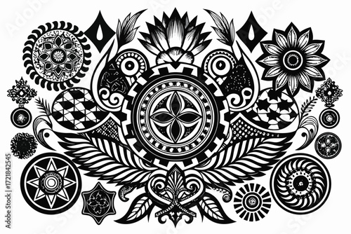 Intricate black and white mandala design featuring floral and geometric patterns