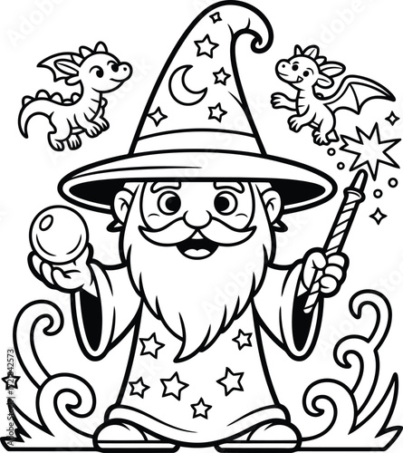 Whimsical wizard conjuring magic with friendly dragons for enchanting children's storybooks and fantasy themed designs, perfect for playful creativity
