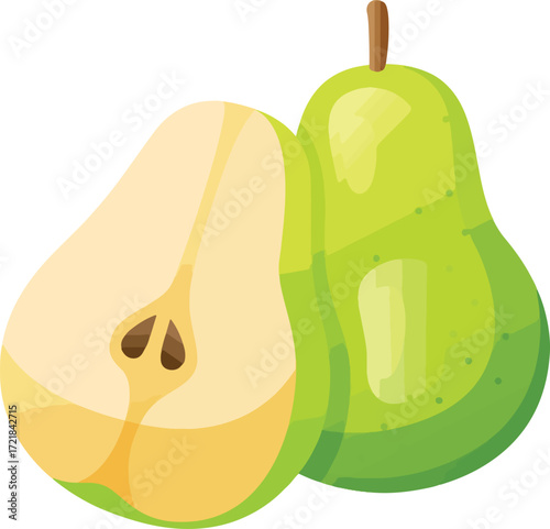 A whole pear next to a halved pear with seeds visible