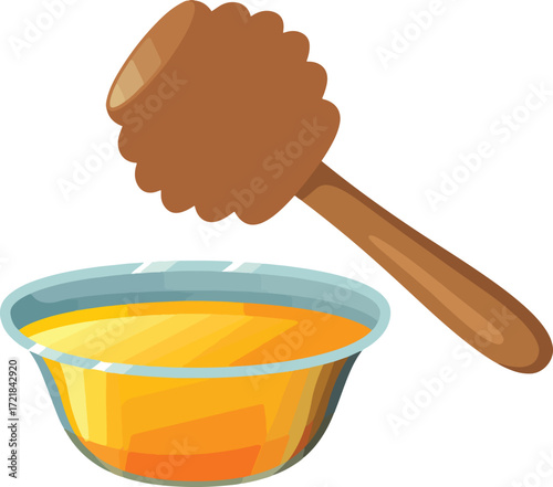 A wooden honey dipper above a bowl of honey