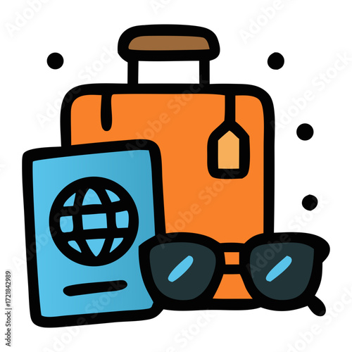 Colorful Travel Essentials Featuring Orange Suitcase Blue Passport and Stylish Sunglasses