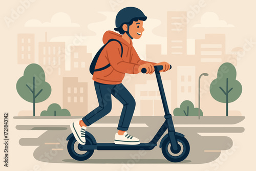 Illustration of a young person riding an electric scooter in an urban setting, representing modern and eco-friendly transportation