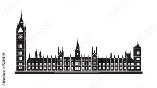 Detailed Silhouette of the Houses of Parliament and Big Ben in London, United Kingdom Architecture