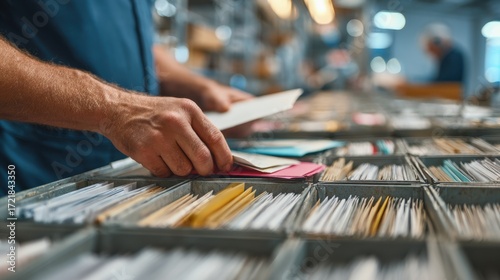 Focused closeup of a postal worker sorting letters into bins with the surrounding mailroom out of focus emphasizing affordable mail delivery services.