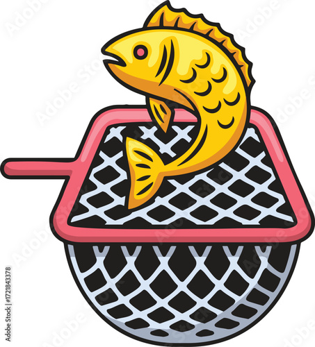 A yellow fish is caught in a fishing net
