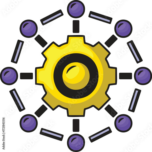 A yellow gear with purple circles and black connectors in a radial pattern