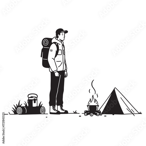 Camper with backpack near tent and campfire in line art style